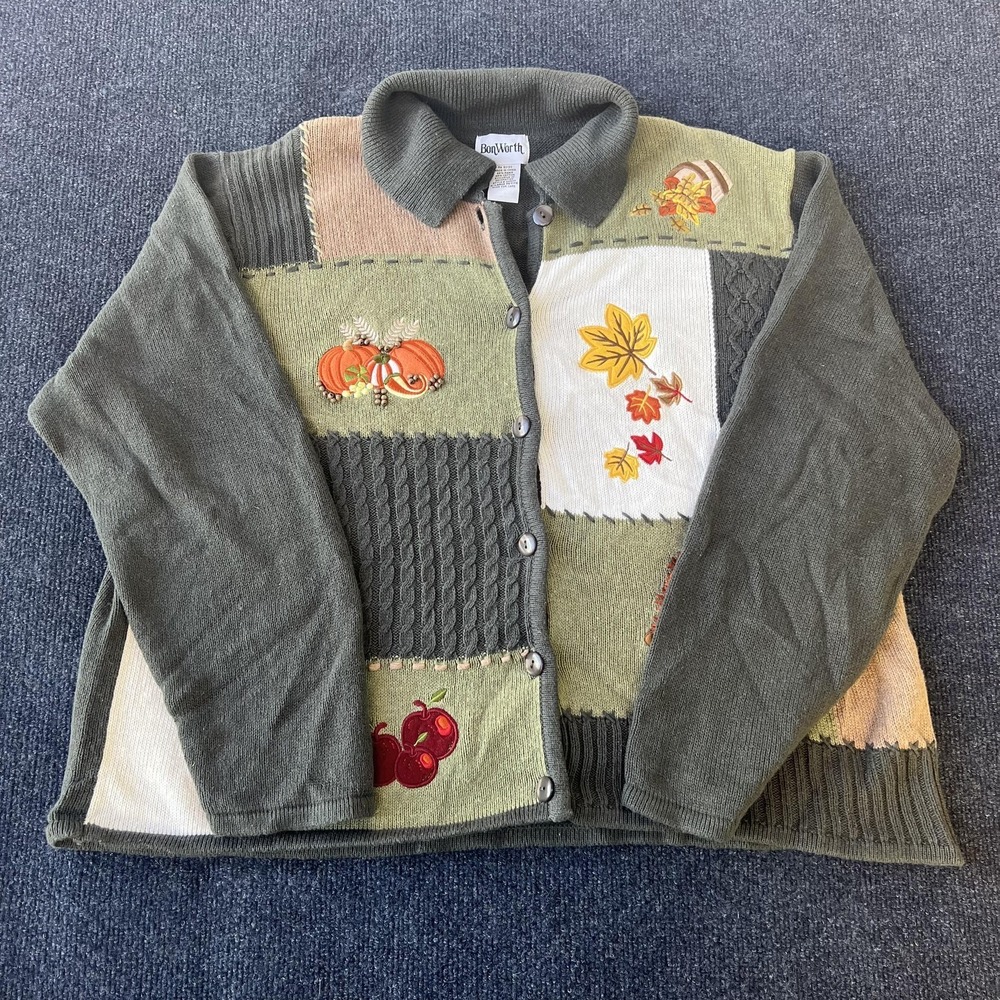 BonWorth Cardigan Sweater Womens XL Petite Green Fall Embroidered Patchwork